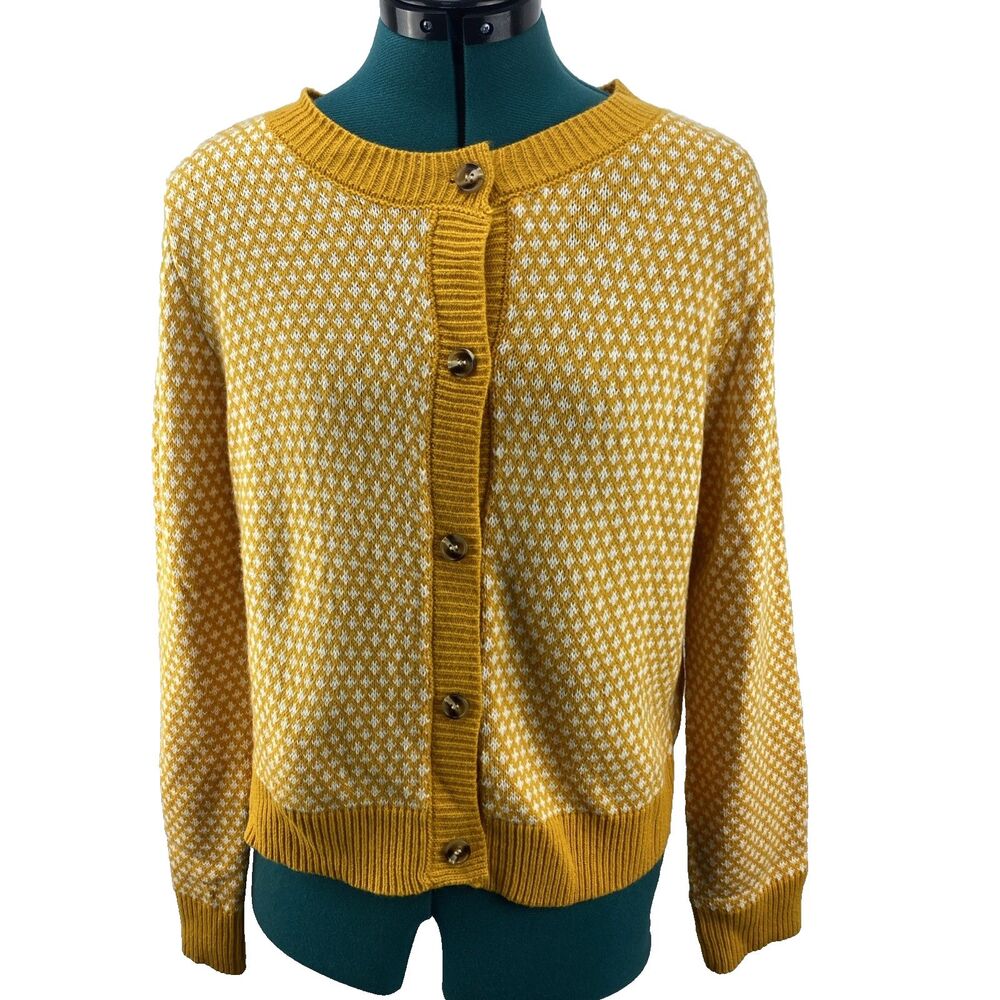 Emery Rose Women’s Button Front Cardigan Yellow With White Size Med Preppy